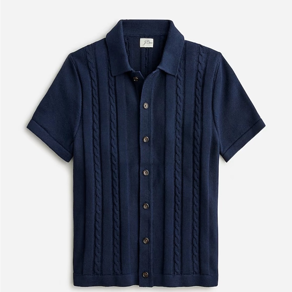 J Crew Cotton cable-knit short-sleeve cardigan sweater-polo size large in navy